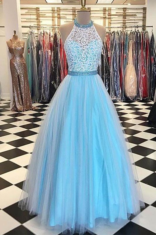 Lace High Neck Floor Length Tulle Blue Long Prom Dresses With Beading
