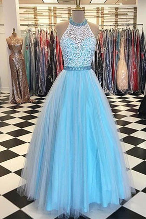 Lace High Neck Floor Length Tulle Blue Long Prom Dresses With Beading