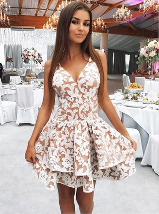 sexy a-line v-neck lace homecoming dress with layers dtp228