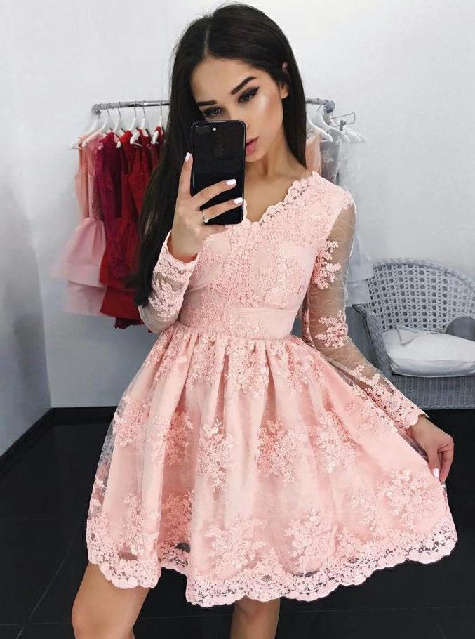 lace long sleeves pink tulle graduation party dress dtp222