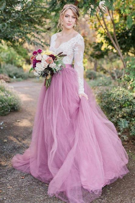 Lace Long Sleeves Tulle A-Line Wedding Dress With Bowknot