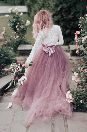 Lace Long Sleeves Tulle A-Line Wedding Dress With Bowknot