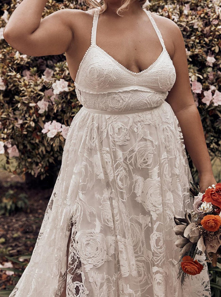 Lace Spaghetti-straps Cross Back Plus Size Backless Beach Wedding Dress