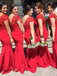lace red mermaid satin long bridesmaid dresses with cap sleeves dtb27