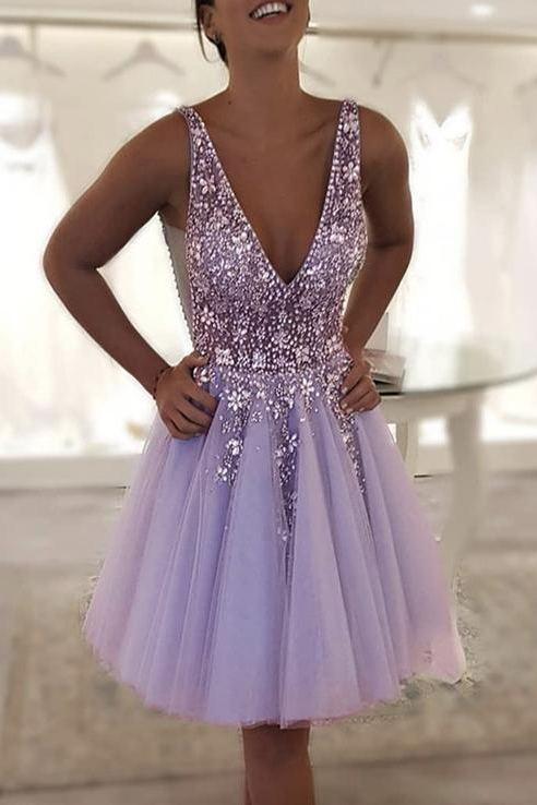 lavender beaded homecoming dresses tulle v neck freshman hoco gown dth40