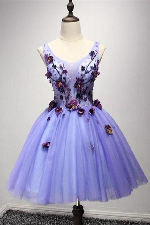 sweet 16 dress lavender short prom dress with flower applique dth166