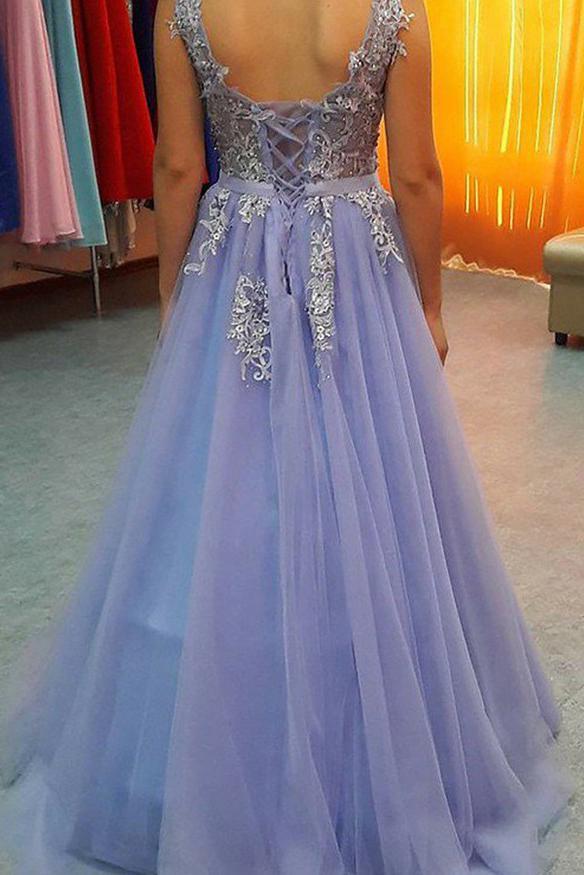 Lavender Tulle Long Prom Dress V-Neck Appliqued Formal Gown