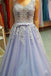 lavender tulle long prom dress v-neck appliqued formal gown dtp622