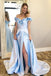 A-Line Off-the-Shoulder Floral Light Blue Long Prom Dress with Split