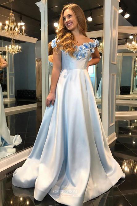 a-line off-the-shoulder floral light blue long prom dress with split dtp528