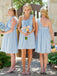 light blue ruffles one shoulder chiffon short beach bridesmaid dress dtb60