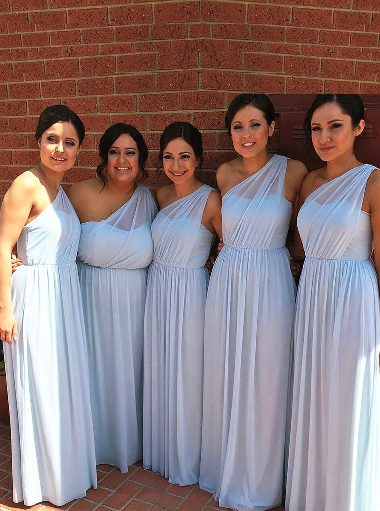Light Blue Chiffon One Shoulder Long Bridesmaid Dresses DTB50 DressTok.co.uk Light Blue Chiffon One Shoulder Long Bridesmaid Dresses DTB50 DressTok.co.uk