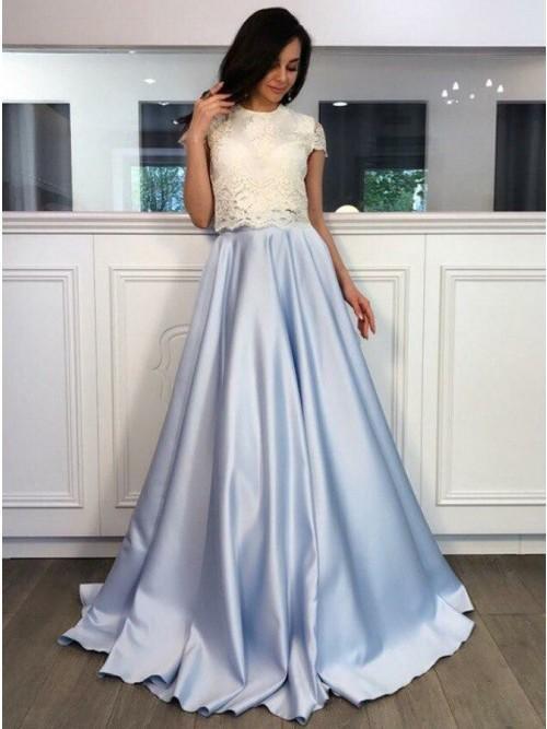 cap sleeves a-line light blue satin long prom dress with lace dtp235
