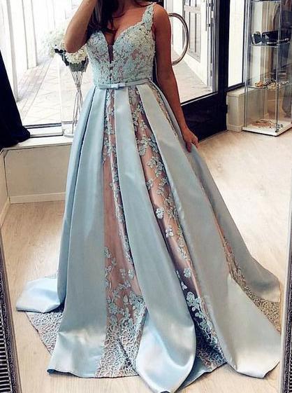 straps light blue satin v-neck lace appliques ball gown prom dress dtp353