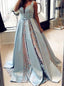 Straps Light Blue Satin V-neck Lace Appliques Ball Gown Prom Dress