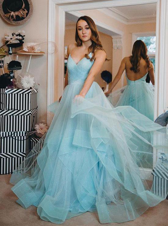 light blue backless prom gown spaghetti-straps tulle tiered dance dress dtp481