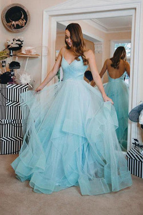 Light Blue Backless Prom Gown Spaghetti-straps Tulle Tiered Dance Dress