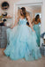 Light Blue Backless Prom Gown Spaghetti-straps Tulle Tiered Dance Dress