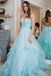 Light Blue Backless Prom Gown Spaghetti-straps Tulle Tiered Dance Dress