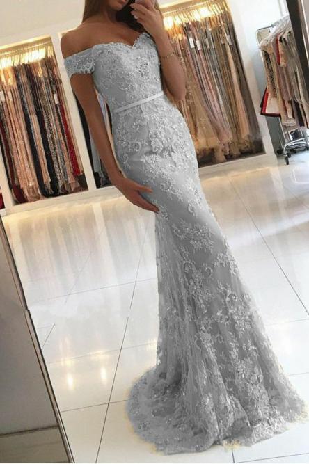 Light Grey Mermaid Off-the-Shoulder Lace Prom Dress With Appliques