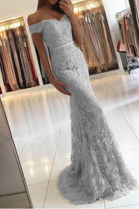 Off the shoulder grey prom dress discount