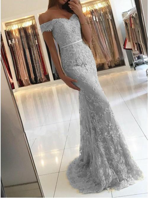 light grey mermaid off-the-shoulder lace prom dress with appliques dtp417