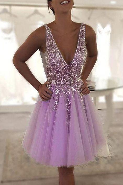 Lavender Beaded Homecoming Dresses Tulle V Neck Freshman Hoco Gown