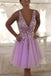 Lavender Beaded Homecoming Dresses Tulle V Neck Freshman Hoco Gown