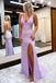 Sparkly Lilac Long Prom Dresses Sequins V Neck Mermaid Evening Gown With Slit