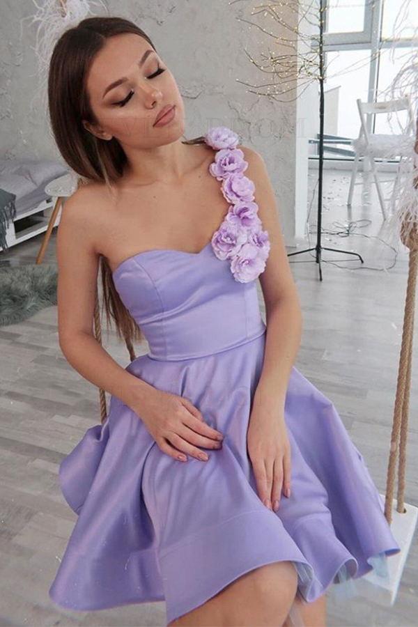 elegant one shoulder lilac short homecoming dress with flowers dth38