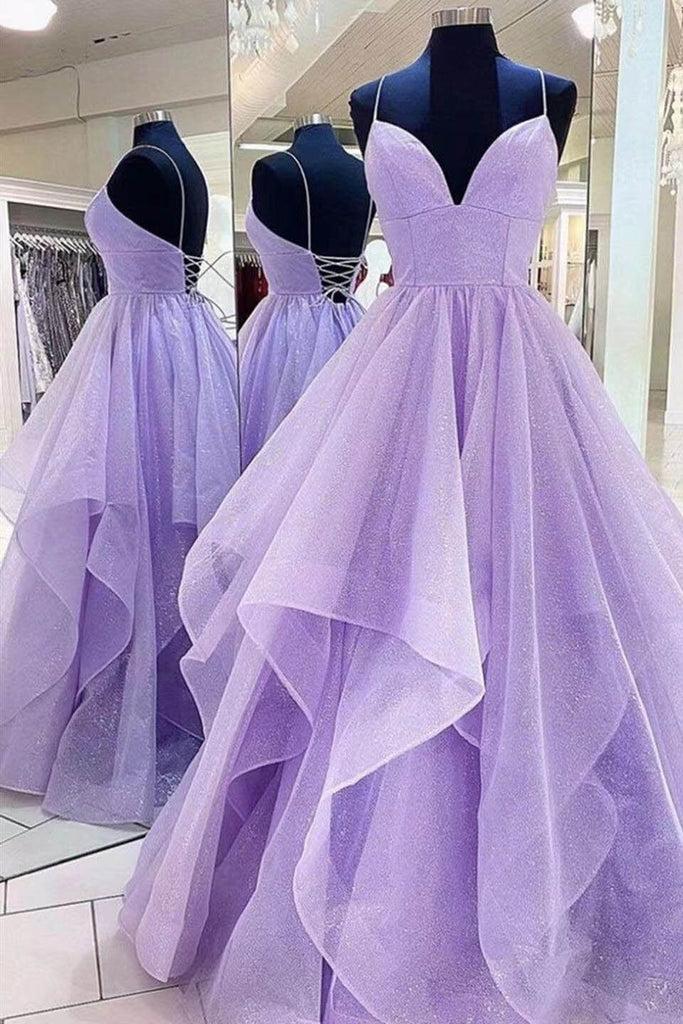 Lilac Sparkly Prom Dresses Long V-neck Formal Evening Dresses