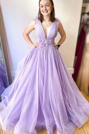 long v-neck formal evening dress lilac tulle long prom dresses dtp16