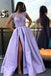 Lilac Long Beading Prom Dresses with Cap Sleeves Slit Evening Dress