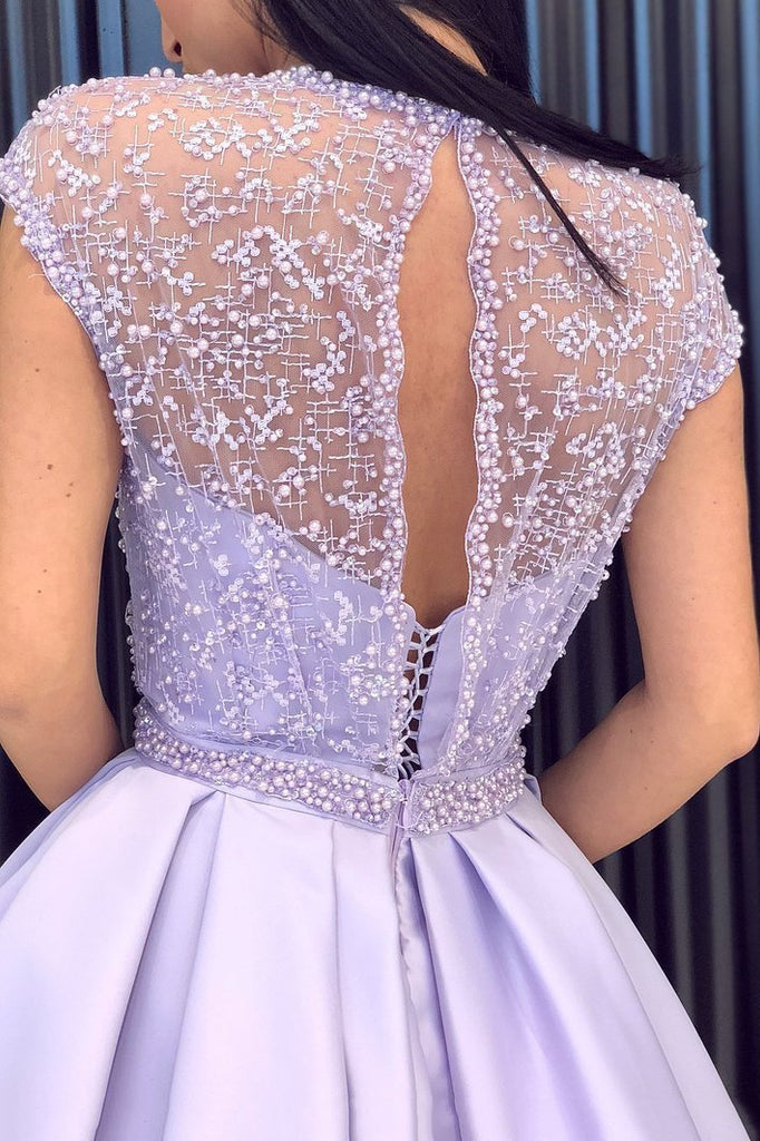 Lilac Long Beading Prom Dresses with Cap Sleeves Slit Evening Dress