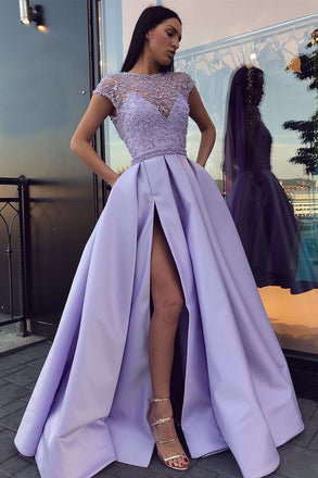 lilac a-line beading long prom dress with cap sleeves dtp158