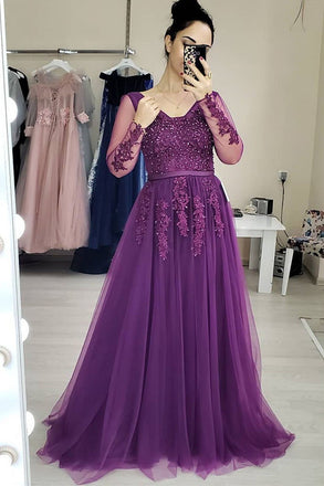 long sleeves purple tulle prom dresses lace applique long formal gown dtp19