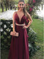 Long Burgundy Prom Dress A-Line Spaghetti Straps with Waist Beading