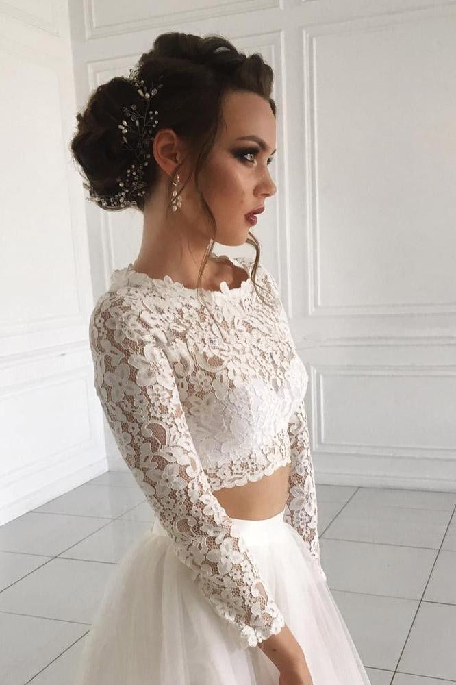 Long Sleeve Lace Ivory Two Piece Tulle Boho Beach Wedding Dresses DTW20 –