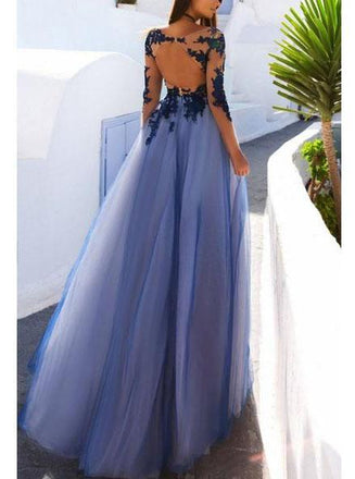 long sleeves see through open back tulle long prom dress with lace applique dtp336