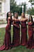 Long Sleeves Burgundy Mermaid Bridesmaids Dresses Illusion Off Shoulder Lace Appliques