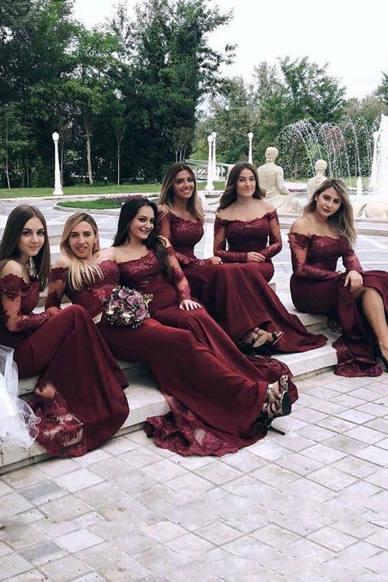 Long Sleeves Burgundy Mermaid Bridesmaids Dresses Illusion Off Shoulder Lace Appliques