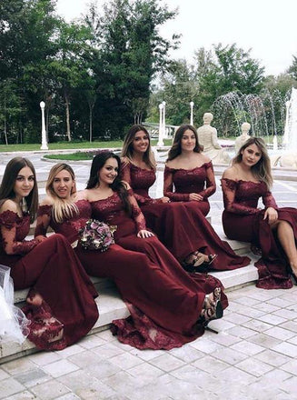 long sleeves burgundy mermaid bridesmaids dresses illusion off shoulder lace appliques dtb38