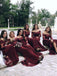 long sleeves burgundy mermaid bridesmaids dresses illusion off shoulder lace appliques dtb38