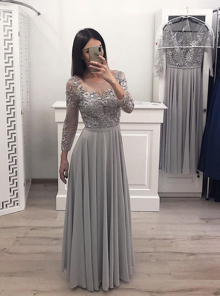 Long Sleeves Chiffon Long Prom Gown Appliques Bridesmaid
