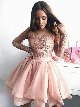 a-line v-neck lace applique long sleeves graduation homecoming dress dtp192