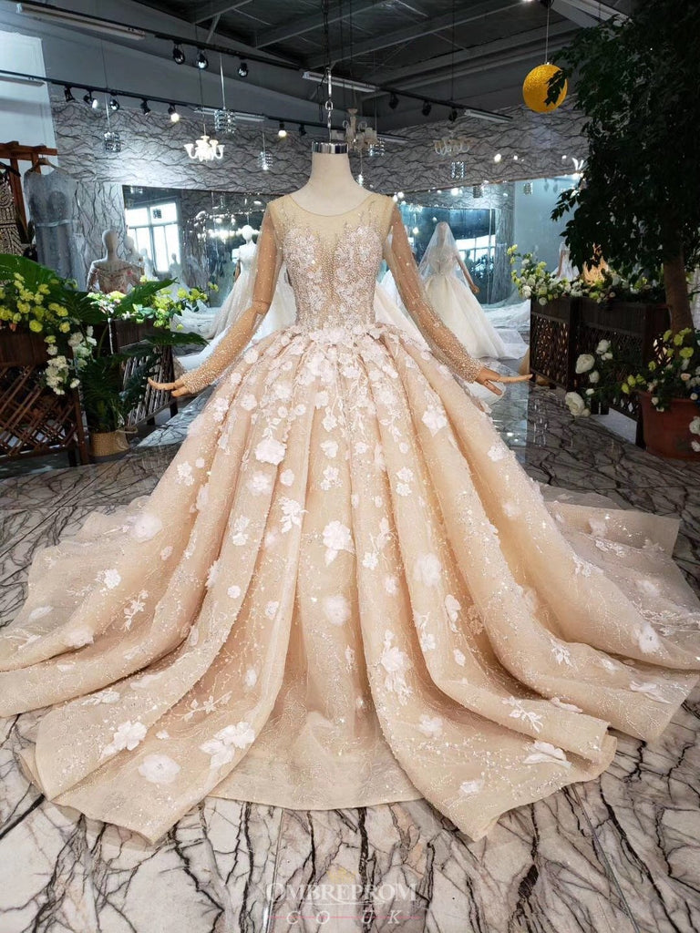 luxury long sleeves wedding dress with pearls appliques formal ball gown dtw63