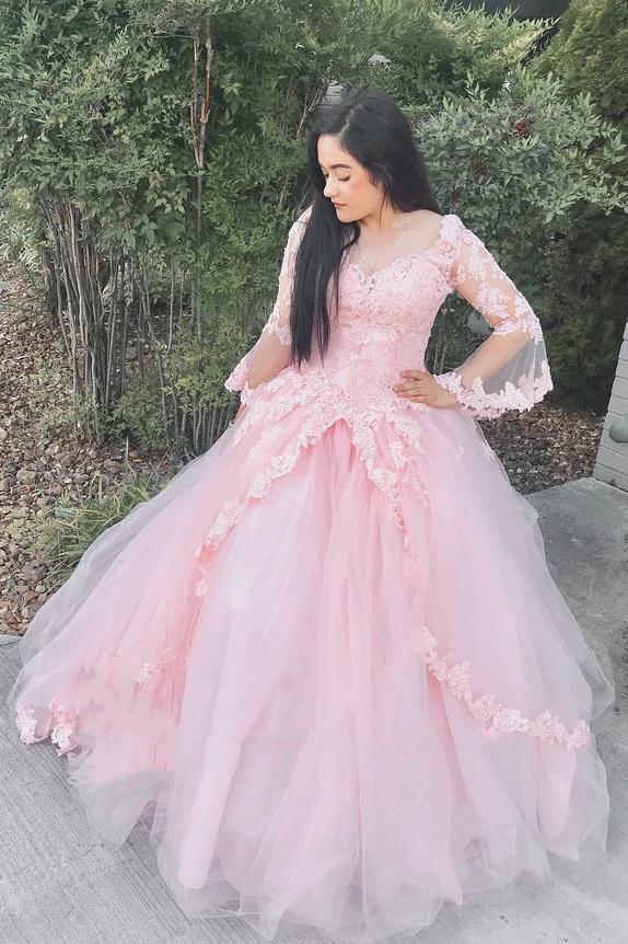 sweeet 16 ball gown long sleeve appliques prom quinceanera dresses dtp141