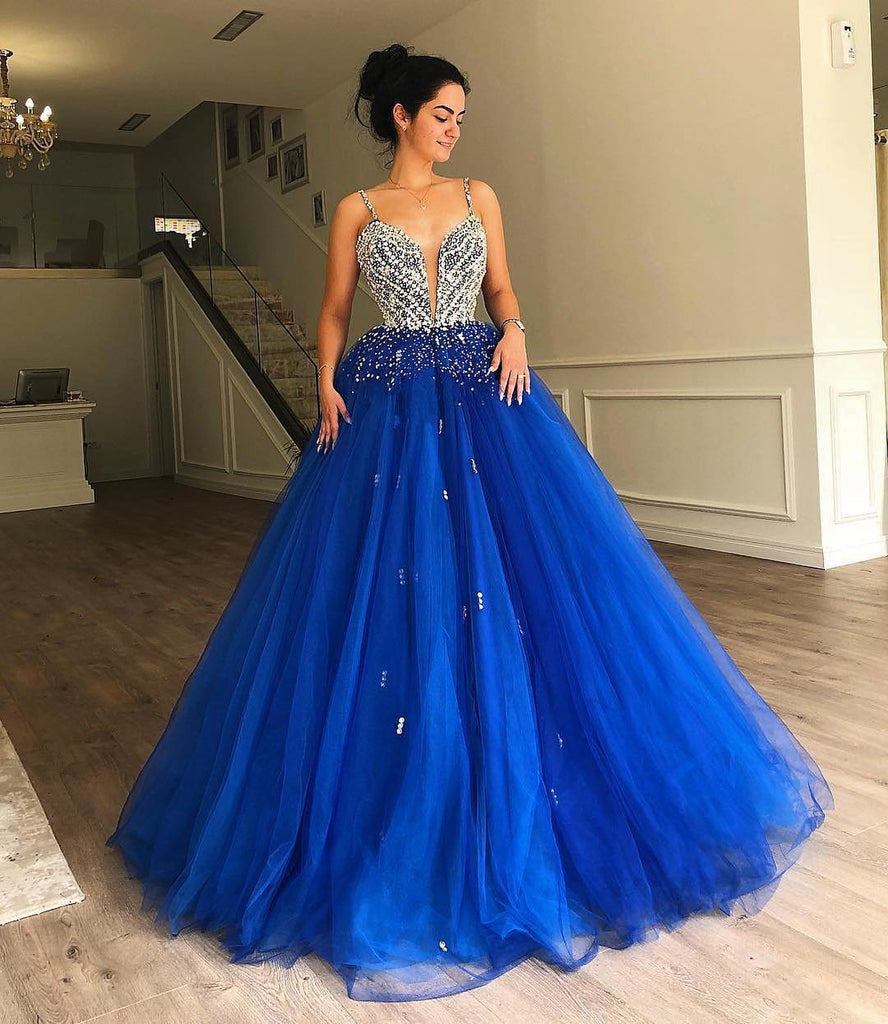Ball Gown Tulle Beaded Bodice Prom Dress, Royal Blue Quinceanera Dress