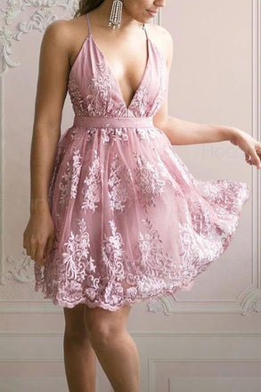 lace appliqued v-neck party dress pink tulle a-line short homecoming dress dth55