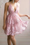 Pink Tulle A Line Short Homecoming Dress, Lace Appliqued V-neck Party Dress